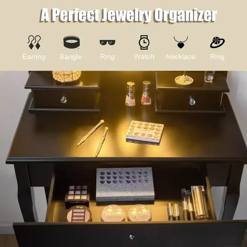 Set Comodino da Trucco Nero con Luci LED e Specchio, 3 Cassetti, 1 Persona