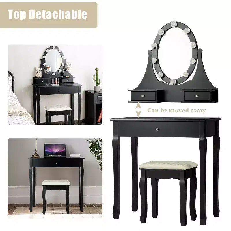 Set Comodino da Trucco Nero con Luci LED e Specchio, 3 Cassetti, 1 Persona