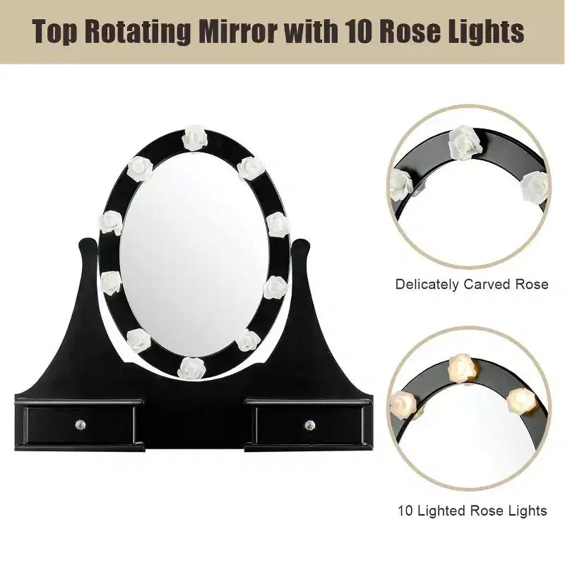 Set Comodino da Trucco Nero con Luci LED e Specchio, 3 Cassetti, 1 Persona