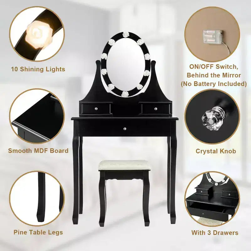 Set Comodino da Trucco Nero con Luci LED e Specchio, 3 Cassetti, 1 Persona