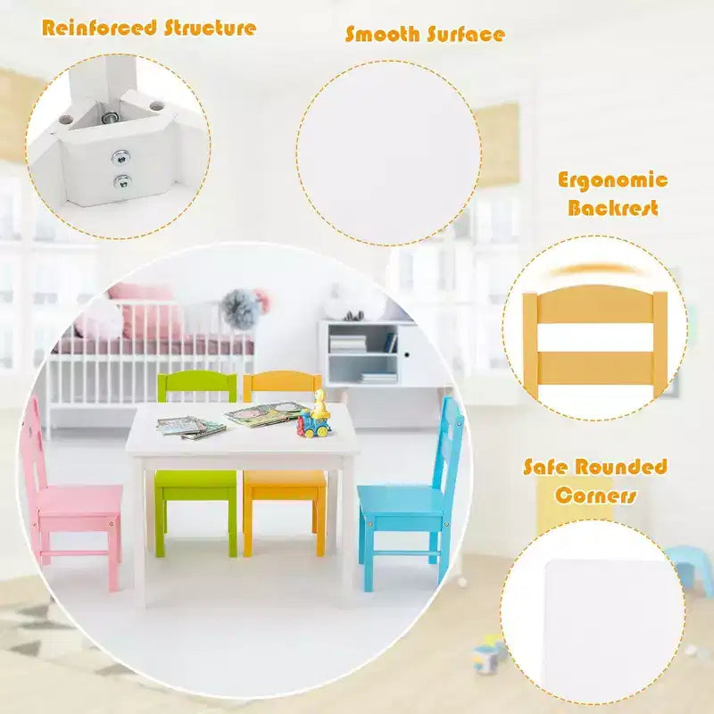 Set tavolo e sedie in legno per bambini per 4, bianco e multicolore (2–6 anni)