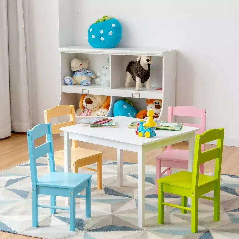 Set tavolo e sedie in legno per bambini per 4, bianco e multicolore (2–6 anni)