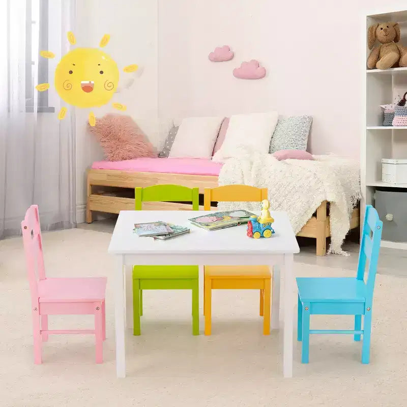 Set tavolo e sedie in legno per bambini per 4, bianco e multicolore (2–6 anni)