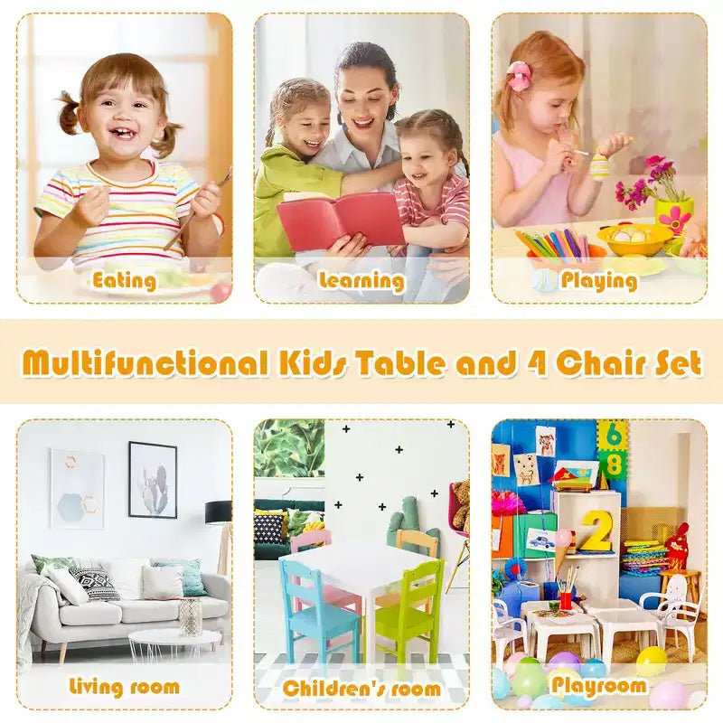 Set tavolo e sedie in legno per bambini per 4, bianco e multicolore (2–6 anni)