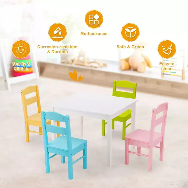 Set tavolo e sedie in legno per bambini per 4, bianco e multicolore (2–6 anni)