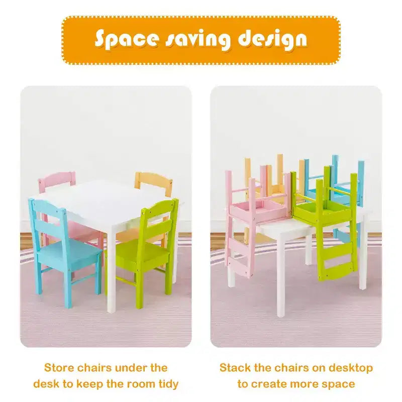 Set tavolo e sedie in legno per bambini per 4, bianco e multicolore (2–6 anni)