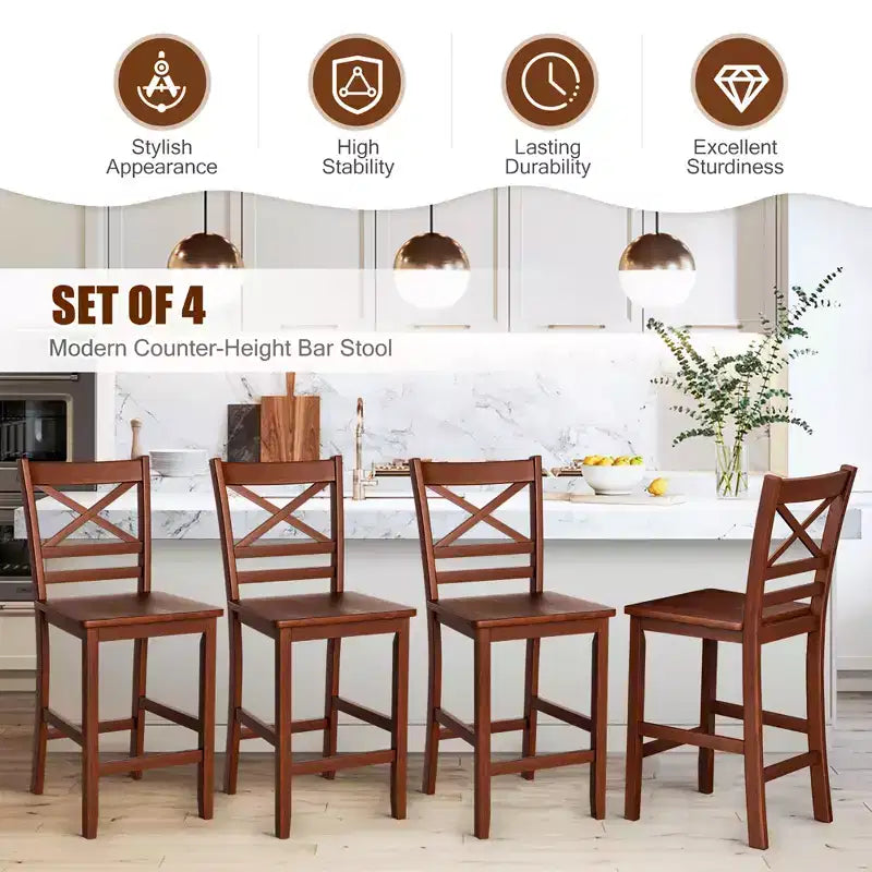 Set di 4 sgabelli da bar Costway, sedie da bancone da 24'' con gambe in legno di gomma, noce