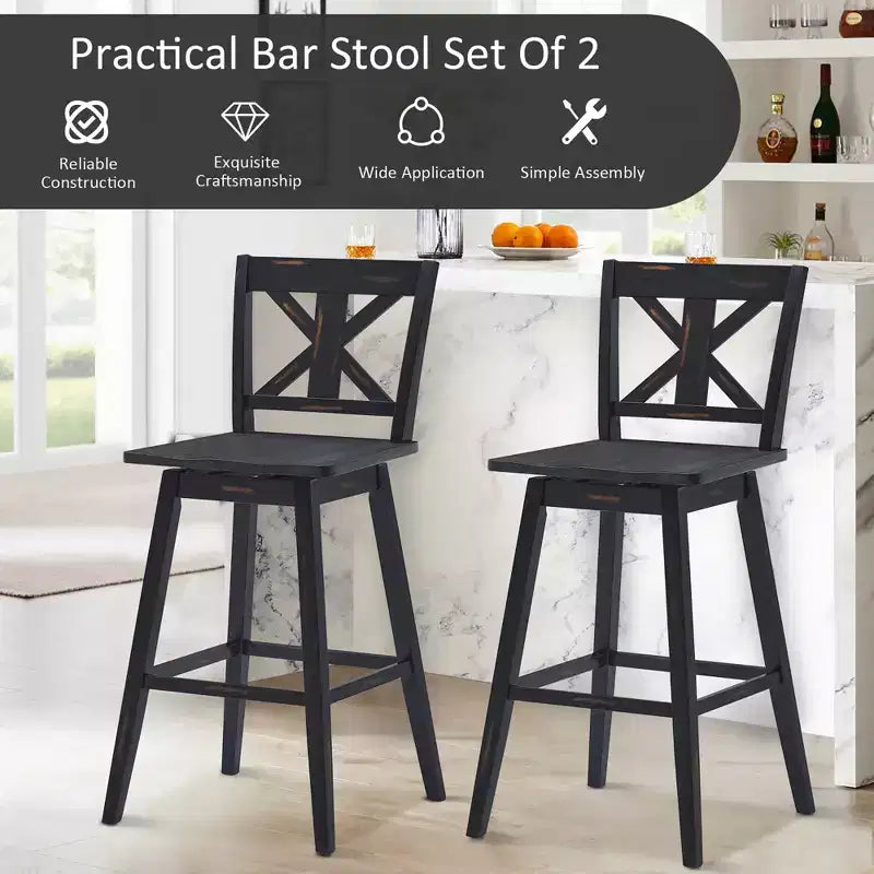 Costway Set di 2 Sgabelli da Bar Girevoli Altezza Pub con Gambe in Legno di Caucciù Bianco\Nero