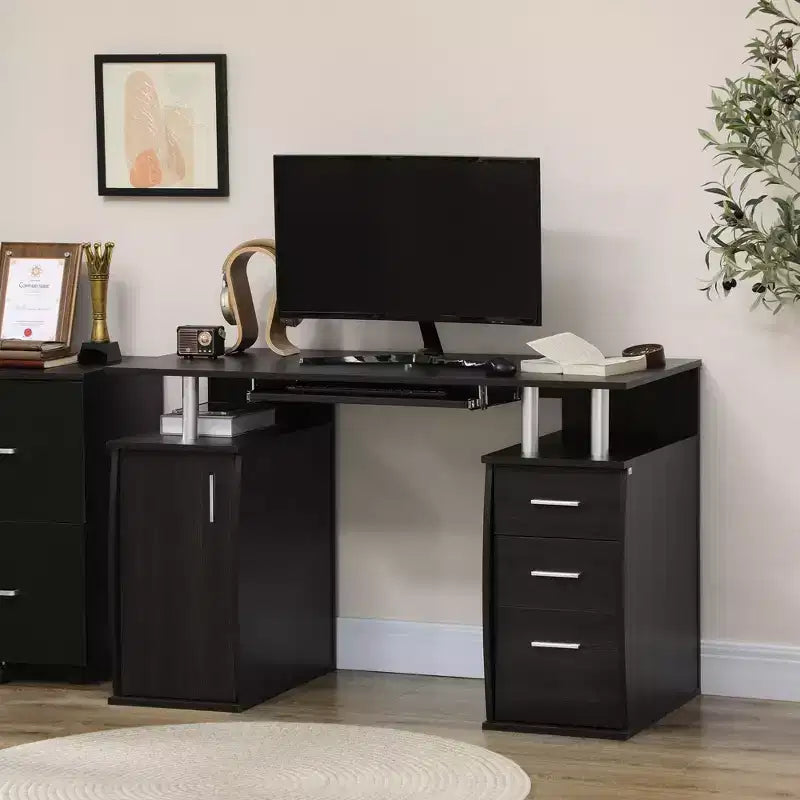 HOMCOM Scrivania per Computer da 120 cm con Vassoio Tastiera e Cassetti, Tavolo da Lavoro per Ufficio Domestico con Ripiani