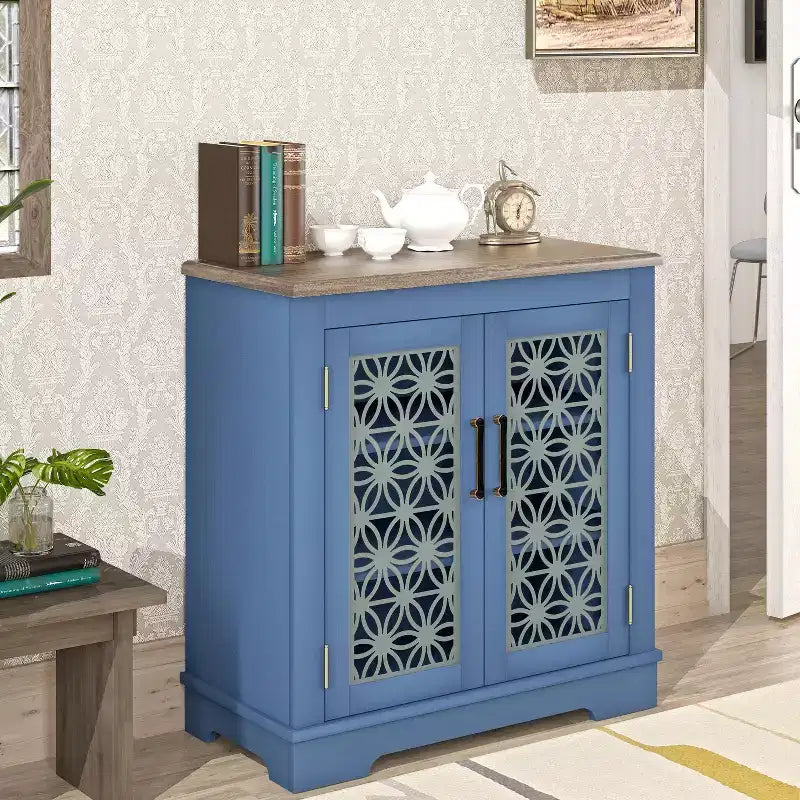 Madia/credenza con ante in vetro, 2 ante, finitura verde/blu scuro, montaggio a 1 persona