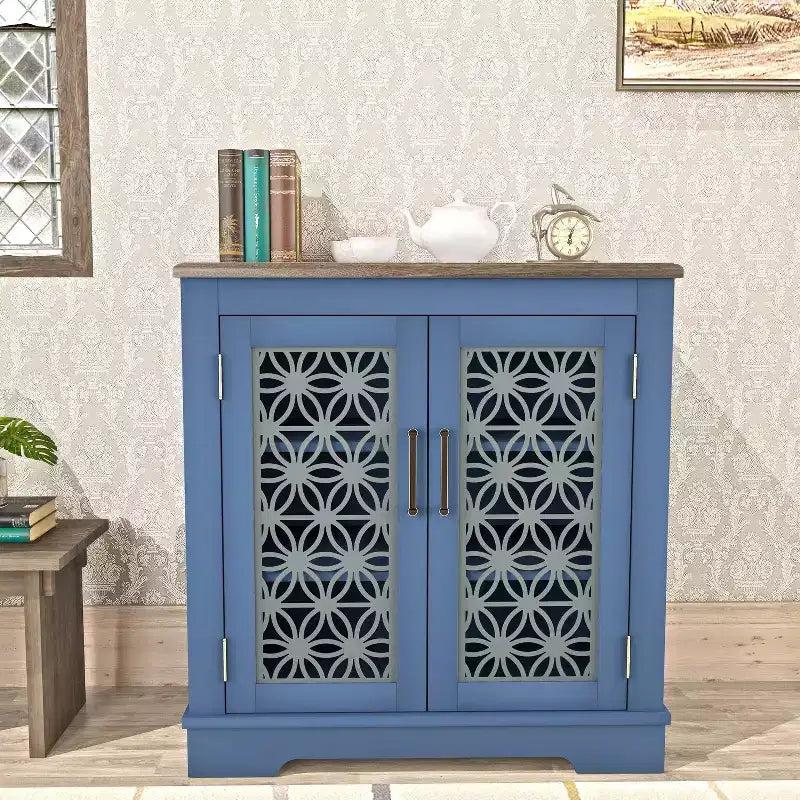 Madia/credenza con ante in vetro, 2 ante, finitura verde/blu scuro, montaggio a 1 persona