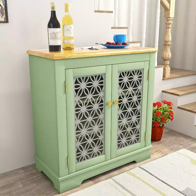 Madia/credenza con ante in vetro, 2 ante, finitura verde/blu scuro, montaggio a 1 persona