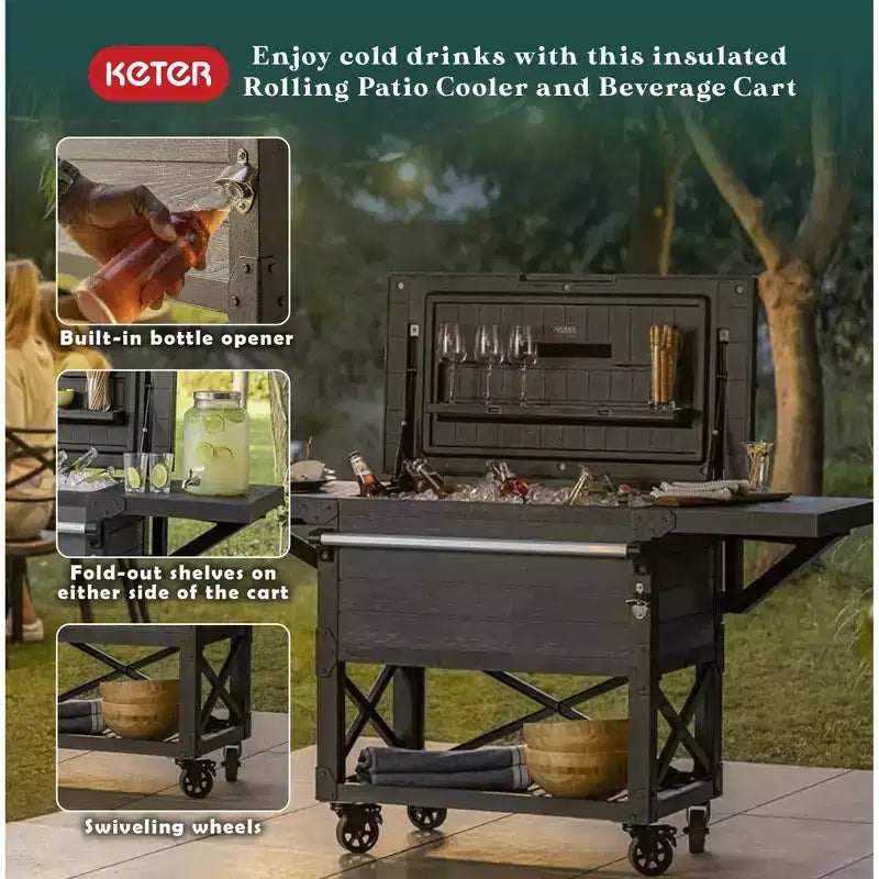 Keter 89,8 litri Contenitore ghiaccio portatile da esterno per patio, carrello bar per feste con ruote girevoli, ripiani e apribottiglie, grafite