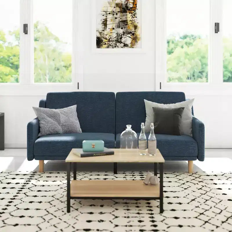 Divano Futon Emma e Oliver con Schienale Diviso Imbottito e Rivestito, Braccioli Lisci Curvi Rimovibili e Gambe in Legno