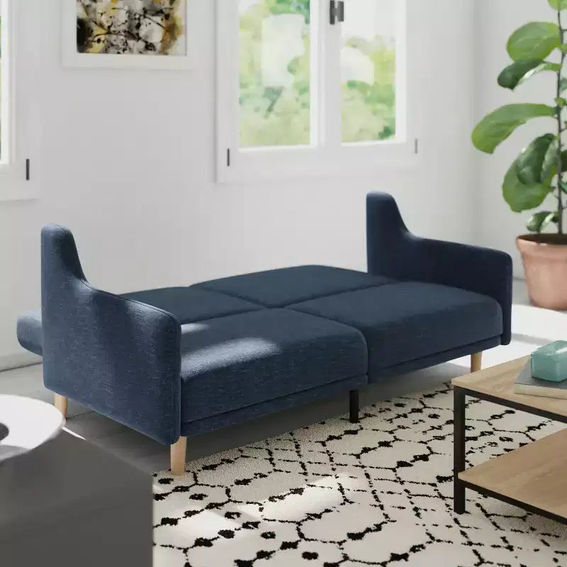 Divano Futon Emma e Oliver con Schienale Diviso Imbottito e Rivestito, Braccioli Lisci Curvi Rimovibili e Gambe in Legno