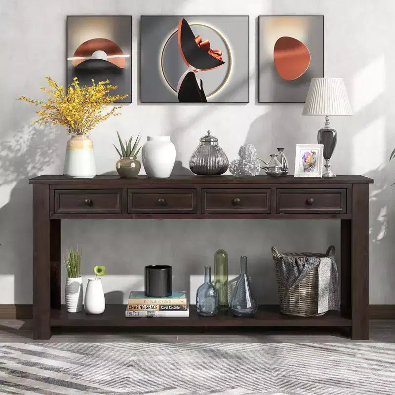Consolle/Tavolo da divano da 63W con cassetti portaoggetti e ripiano inferiore 4Q - ModernLuxe