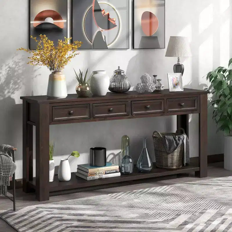 Consolle/Tavolo da divano da 63W con cassetti portaoggetti e ripiano inferiore 4Q - ModernLuxe