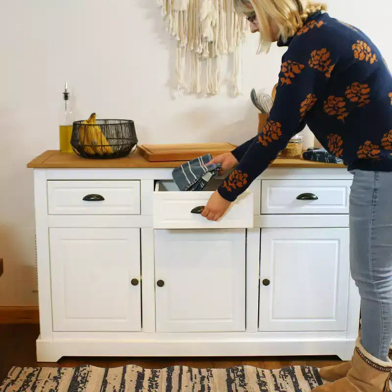 Sunnydaze Credenza con 3 Cassetti e 3 Ante - Struttura in Pino Massiccio - Bianca - 32