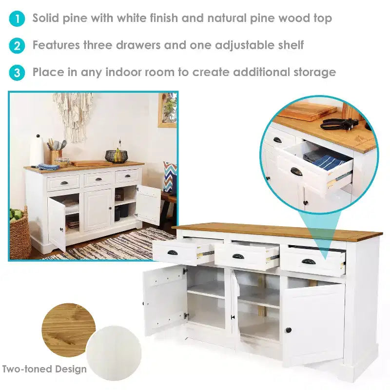 Sunnydaze Credenza con 3 Cassetti e 3 Ante - Struttura in Pino Massiccio - Bianca - 32