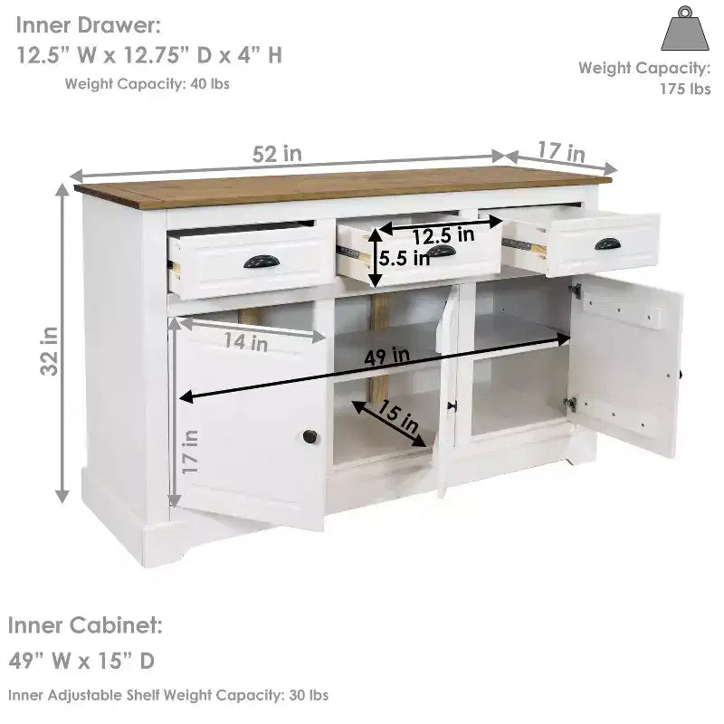 Sunnydaze Credenza con 3 Cassetti e 3 Ante - Struttura in Pino Massiccio - Bianca - 32