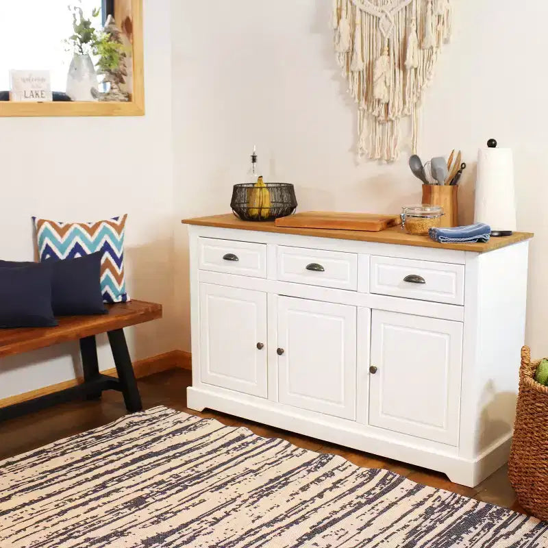 Sunnydaze Credenza con 3 Cassetti e 3 Ante - Struttura in Pino Massiccio - Bianca - 32
