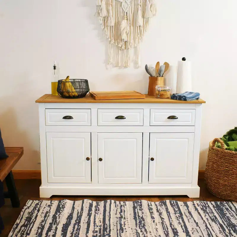 Sunnydaze Credenza con 3 Cassetti e 3 Ante - Struttura in Pino Massiccio - Bianca - 32