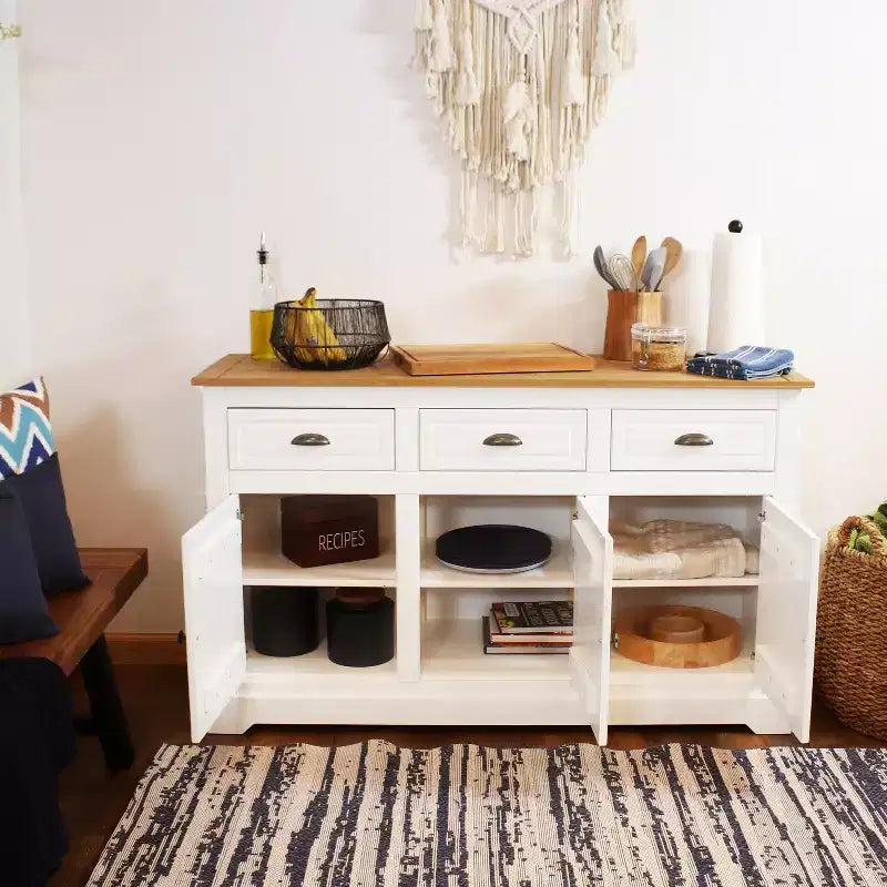 Sunnydaze Credenza con 3 Cassetti e 3 Ante - Struttura in Pino Massiccio - Bianca - 32