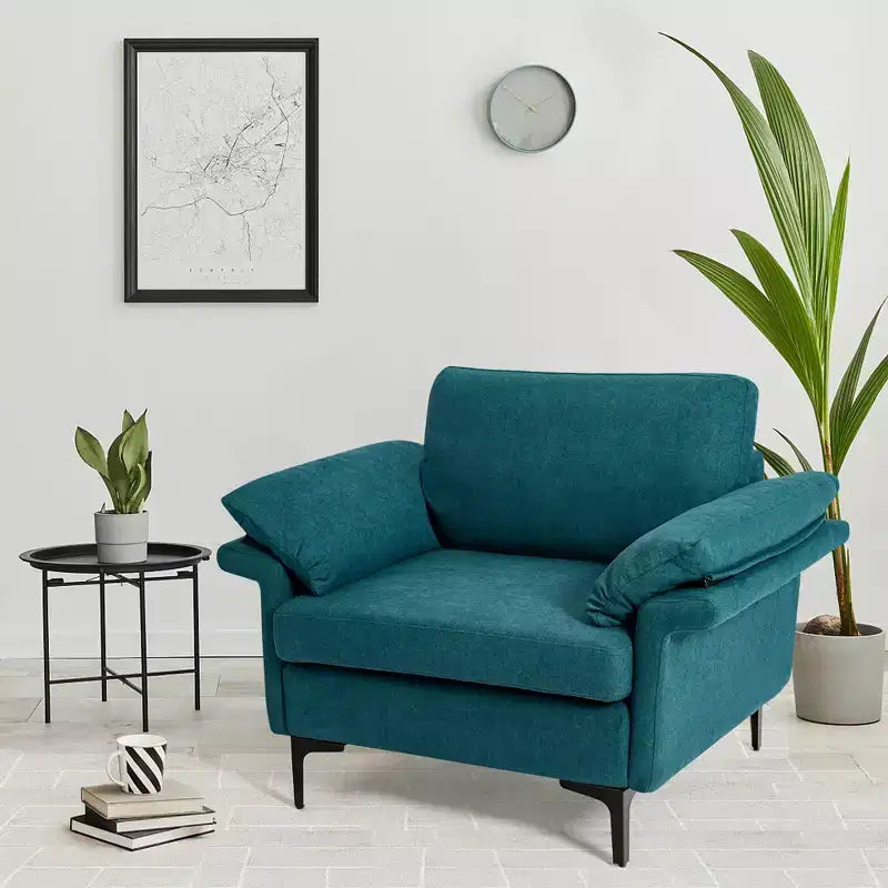Poltrona moderna in tessuto Costway, divano singolo imbottito con gambe in metallo Blu/Grigio