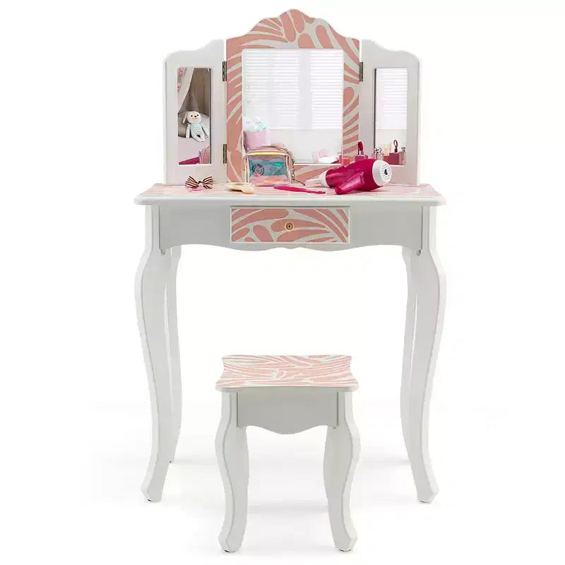 Costway Set Toeletta per Bambini Tavolino Trucco Sgabello in Legno Specchio Triplo a Strisce Rosa Zebrate