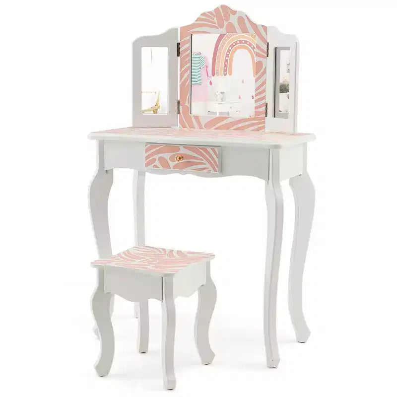 Costway Set Toeletta per Bambini Tavolino Trucco Sgabello in Legno Specchio Triplo a Strisce Rosa Zebrate