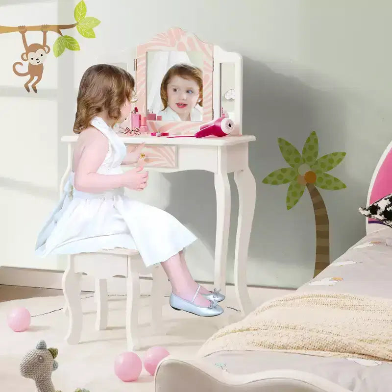 Costway Set Toeletta per Bambini Tavolino Trucco Sgabello in Legno Specchio Triplo a Strisce Rosa Zebrate