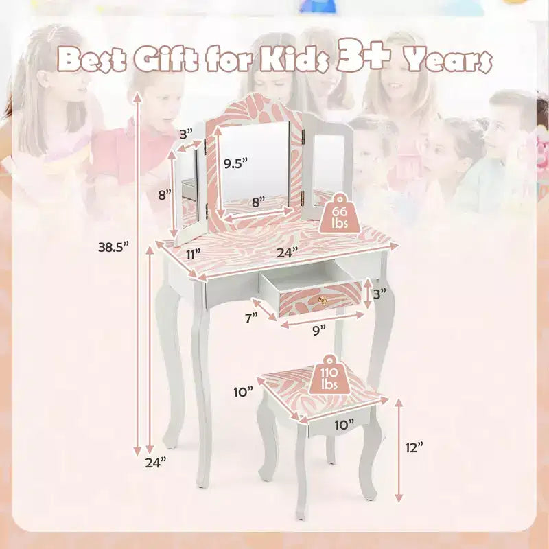 Costway Set Toeletta per Bambini Tavolino Trucco Sgabello in Legno Specchio Triplo a Strisce Rosa Zebrate