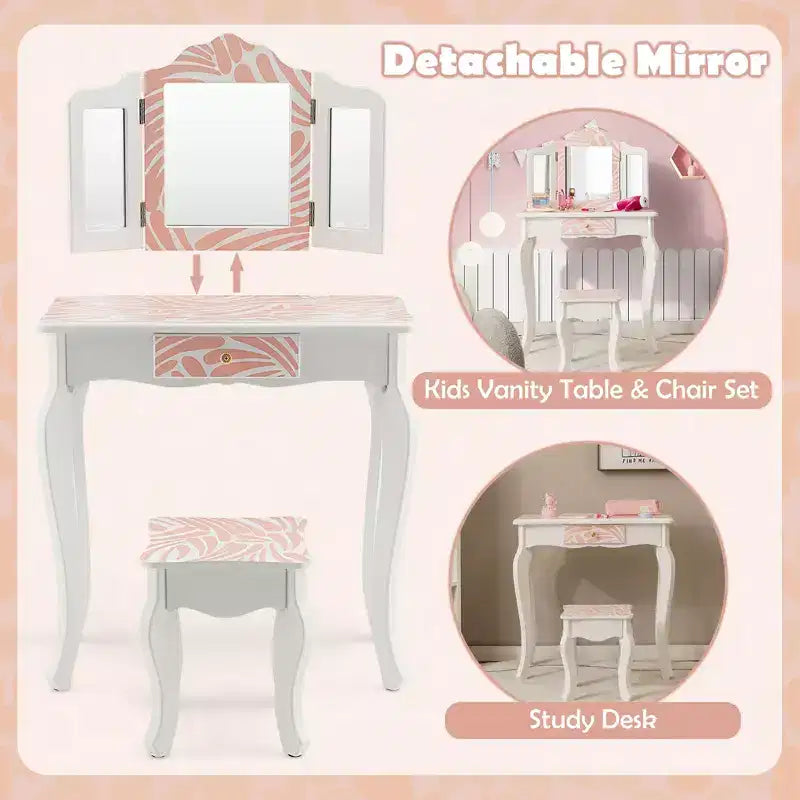 Costway Set Toeletta per Bambini Tavolino Trucco Sgabello in Legno Specchio Triplo a Strisce Rosa Zebrate