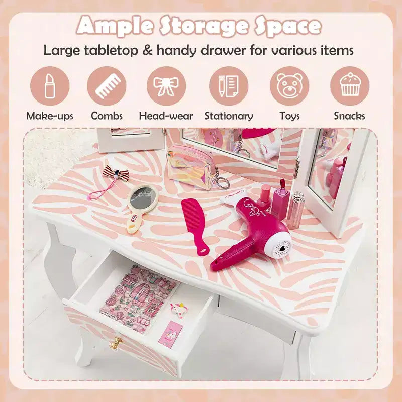 Costway Set Toeletta per Bambini Tavolino Trucco Sgabello in Legno Specchio Triplo a Strisce Rosa Zebrate