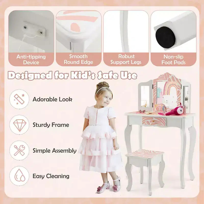 Costway Set Toeletta per Bambini Tavolino Trucco Sgabello in Legno Specchio Triplo a Strisce Rosa Zebrate