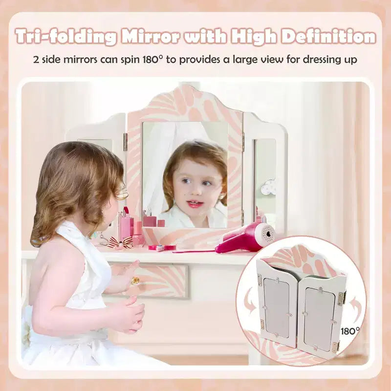 Costway Set Toeletta per Bambini Tavolino Trucco Sgabello in Legno Specchio Triplo a Strisce Rosa Zebrate