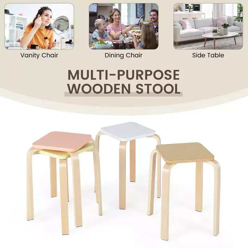 Costway Set di 4 Sgabelli Quadrati Colorati Impilabili in Legno con Tappetini Antiscivolo in Feltro