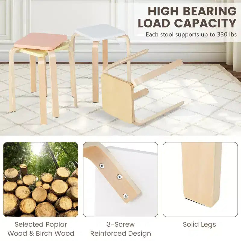 Costway Set di 4 Sgabelli Quadrati Colorati Impilabili in Legno con Tappetini Antiscivolo in Feltro