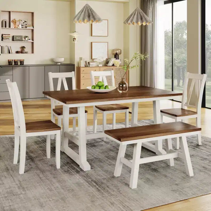 Set da 6 pezzi per tavolo da pranzo in legno stile rustico con panca lunga e 4 sedie da pranzo-ModernLuxe