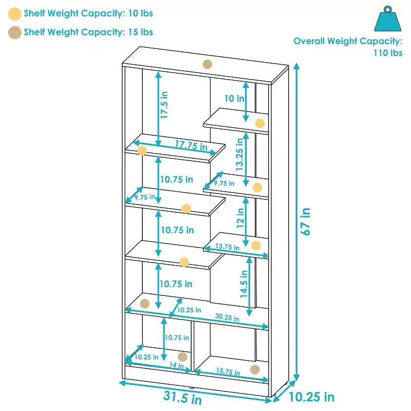 Sunnydaze Rosalee, Scaffale Aperto a 9 Ripiani Sfasati per Interni - Marrone Caffè