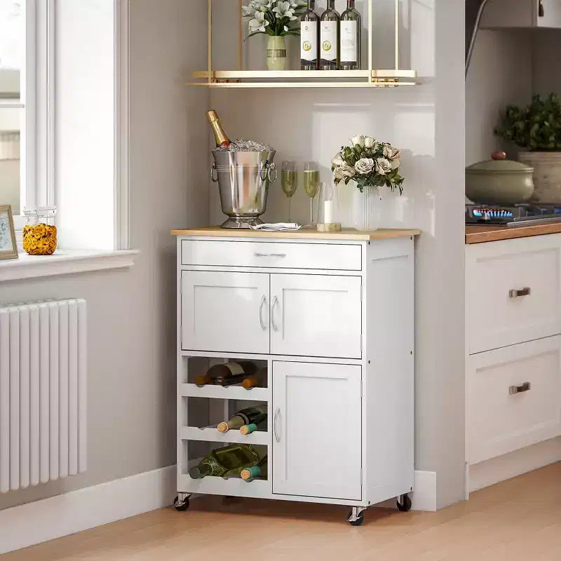 HOMCOM Carrello da Bar con Rotelle, Isola da Cucina con Portabottiglie per 9 Vini, Carrello per Cucina con Armadietti, Piano di Lavoro in Legno, Bianco