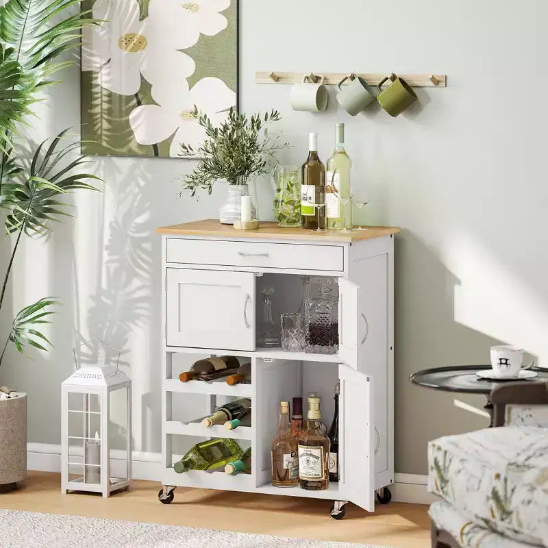 HOMCOM Carrello da Bar con Rotelle, Isola da Cucina con Portabottiglie per 9 Vini, Carrello per Cucina con Armadietti, Piano di Lavoro in Legno, Bianco