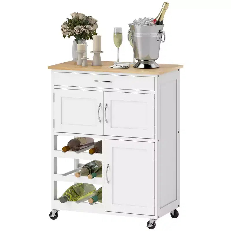 HOMCOM Carrello da Bar con Rotelle, Isola da Cucina con Portabottiglie per 9 Vini, Carrello per Cucina con Armadietti, Piano di Lavoro in Legno, Bianco