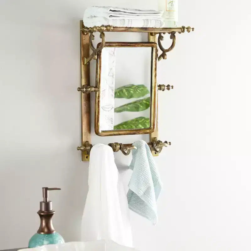 Mensola da parete per bagno in alluminio brunito con specchio rettangolare, mensola singola