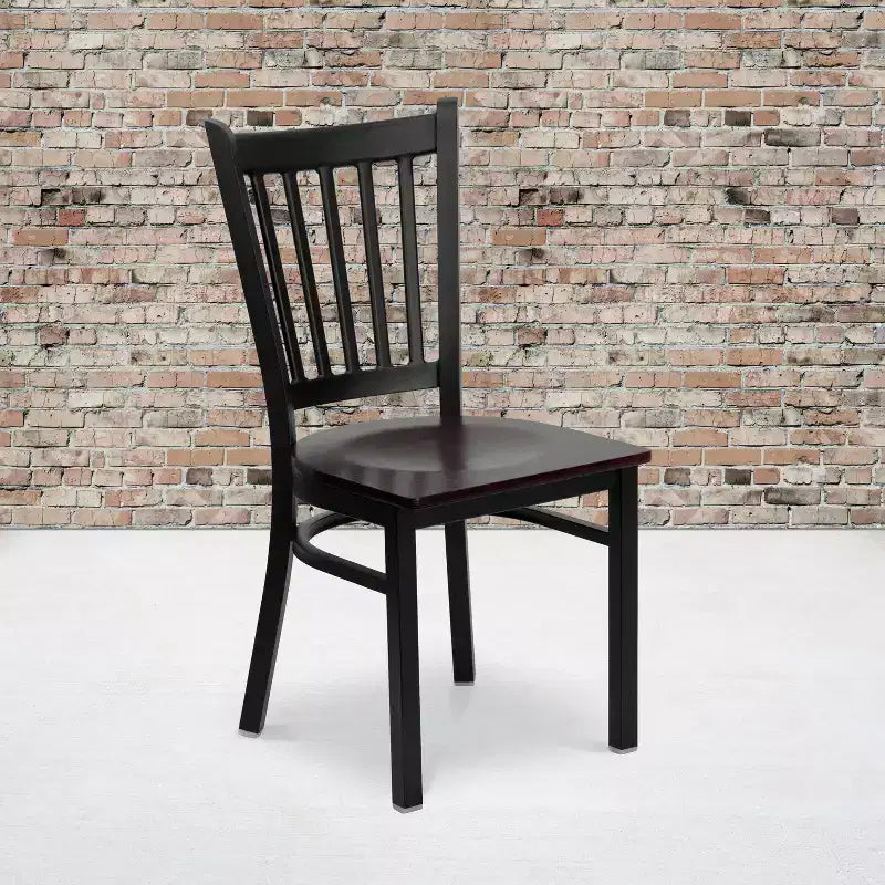 Sedia da pranzo in metallo nero con seduta in legno di mogano, set da 4