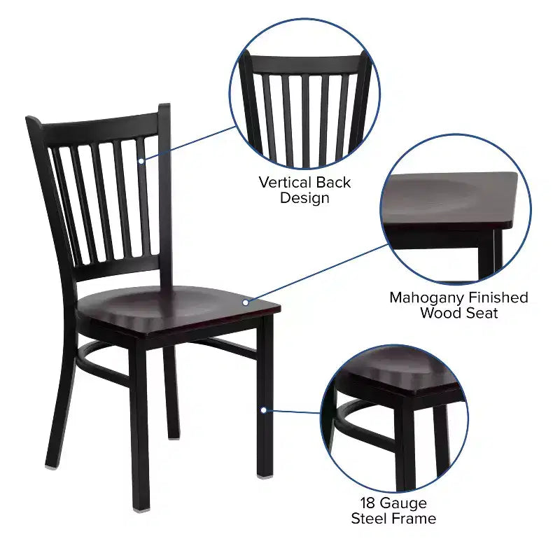 Sedia da pranzo in metallo nero con seduta in legno di mogano, set da 4