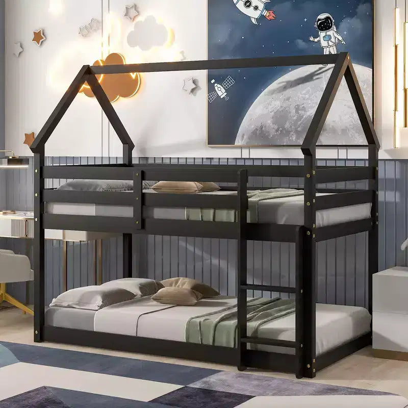 Twin over Twin Loft Bed with Roof Design, Safety Guardrail and Ladder-ModernLuxe