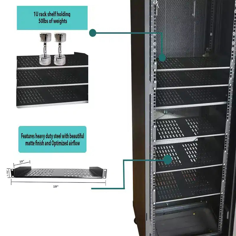 Ripiani per Rack a Sbalzo in Acciaio Laminato - Set di 2 Vasche Universali Ventilate 1U per Armadi Server di Rete da 19 Pollici e Apparecchiature AV di SimpleCord (Nero)