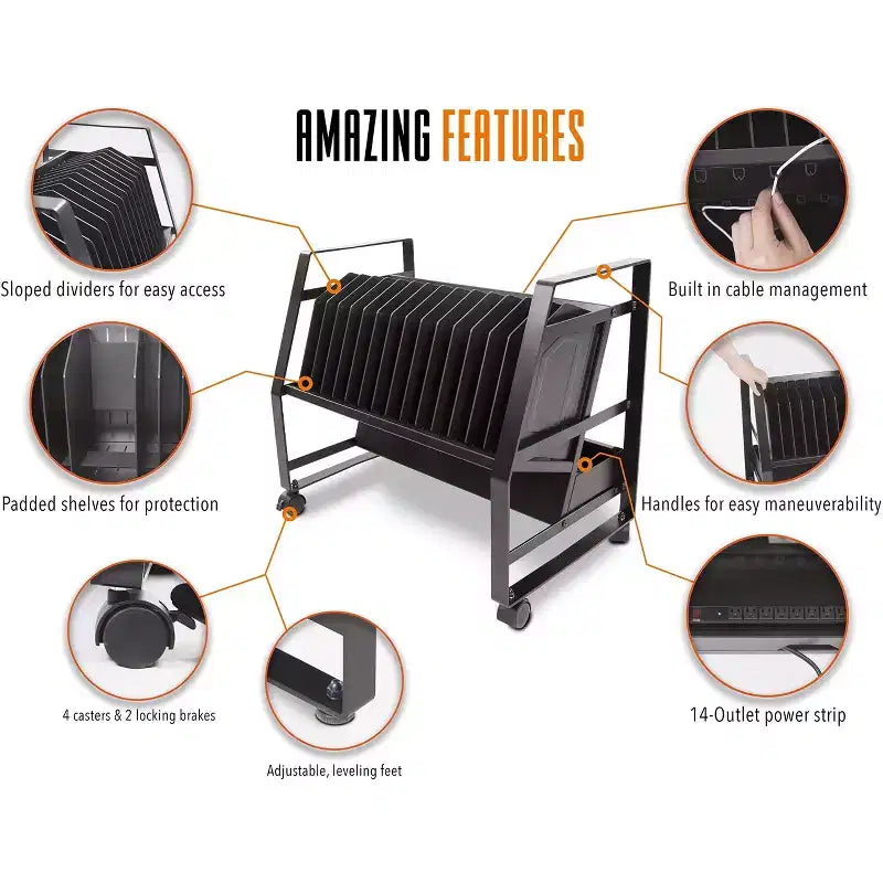 Carrello di ricarica aperto Line Leader, contiene fino a 16 dispositivi, nero