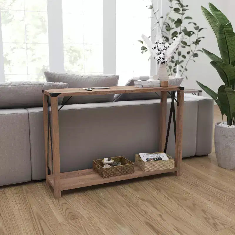 Tavolo da divano in rovere rustico con finitura grigia/lavata e dettagli in acciaio